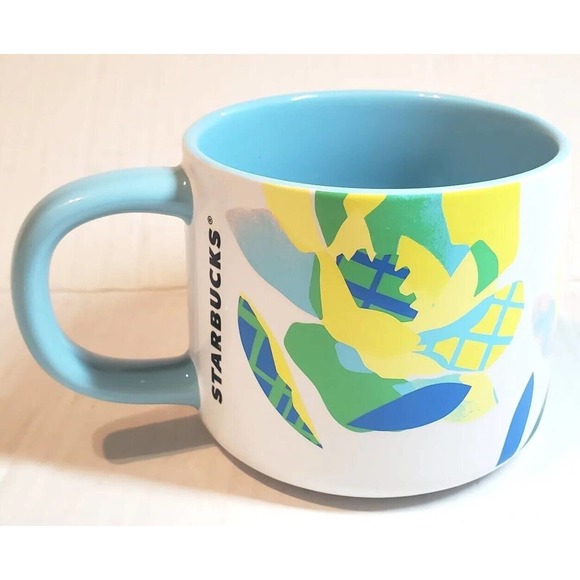 Starbucks Citrus Floral Coffee Mug Ceramic Yellow Blue 14oz 2023 Easter - Picture 2 of 10